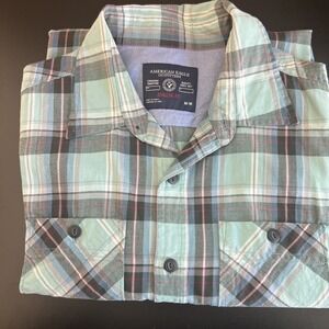 American Eagle Outfitters Mens Sz M Classic Fit Teal Button Plaid Flannel Shirt